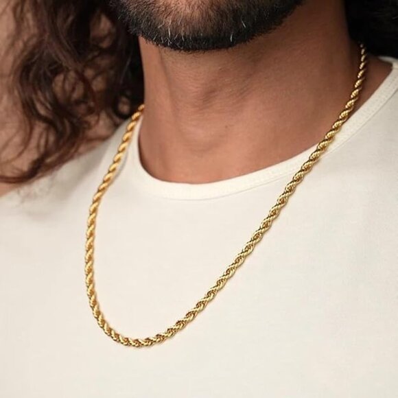 NEW! Men's 4mm 18K Real Gold Plated Stainless Steel Rope Chain Necklace Jewelry - Picture 1 of 4